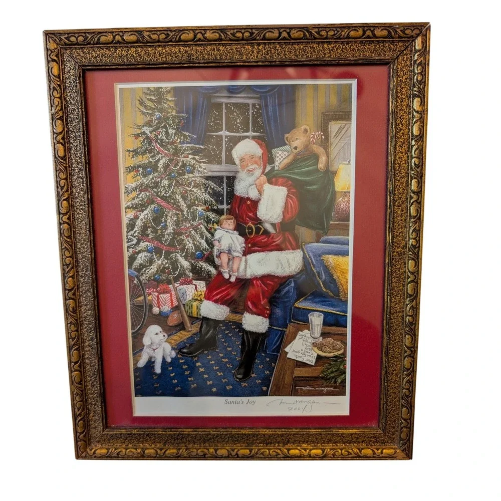 William Mangum Gold Framed Print Santa's Joy 2001 Signed Christmas Holiday Dog‎
